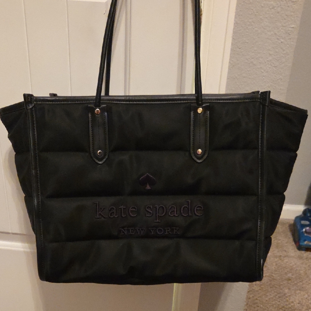 kate spade black quilted nylon tote with logo